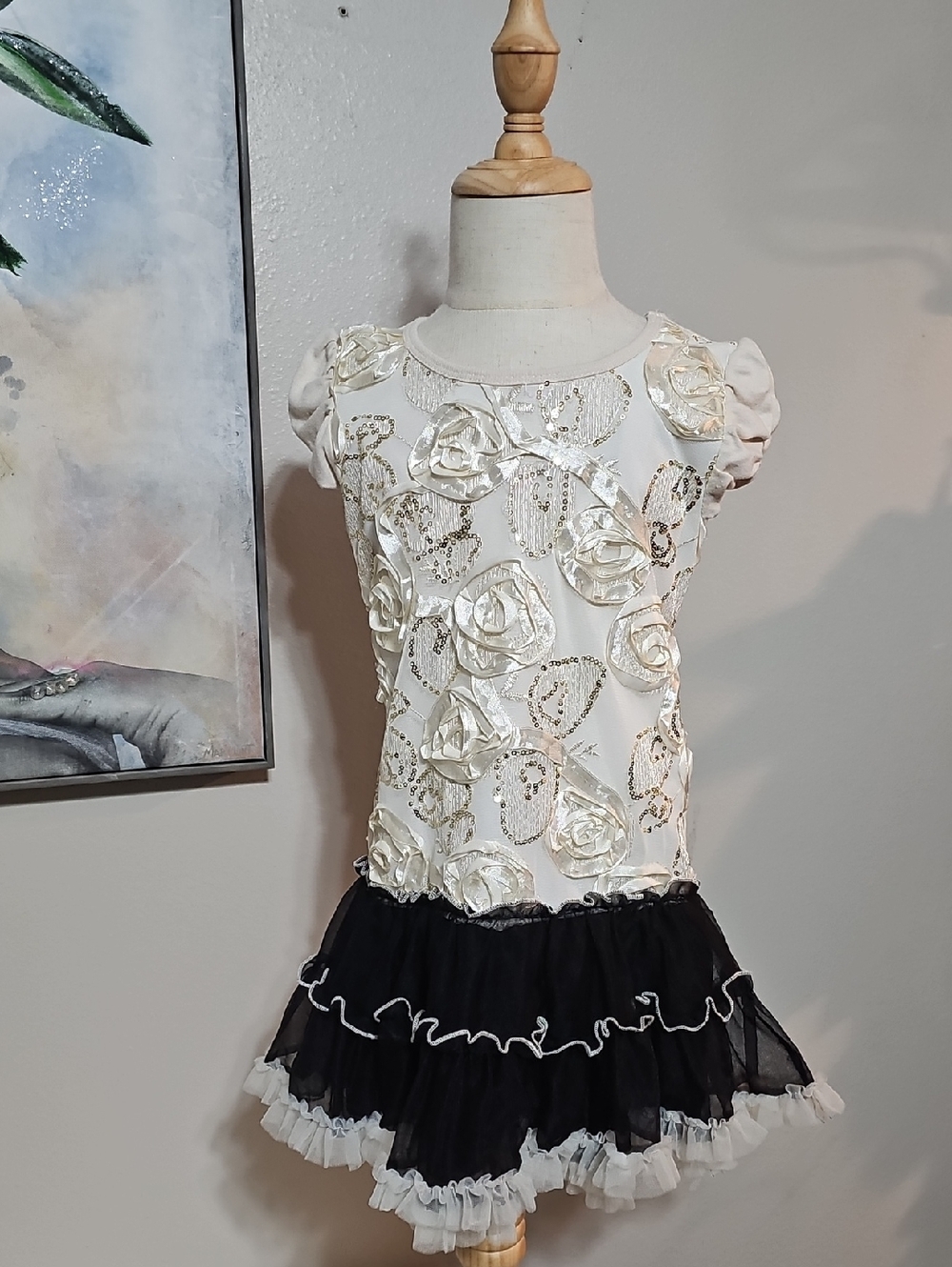 ✨ Beautees Girls Sequin Rose Tutu Dress Ivory Black Size 5 EUC